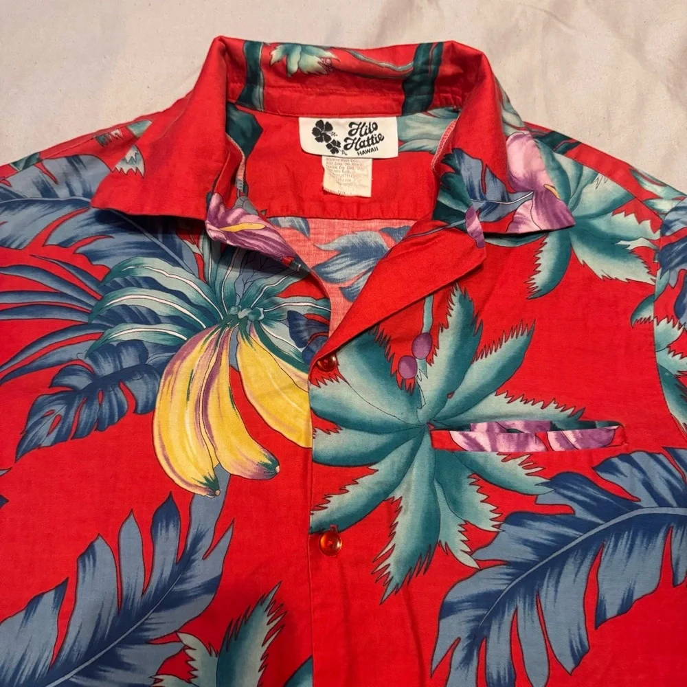 Vintage Hilo Hattie Hawaii Red Tropical Hawaiian Shirt Mens L Cotton - Picture 2 of 6